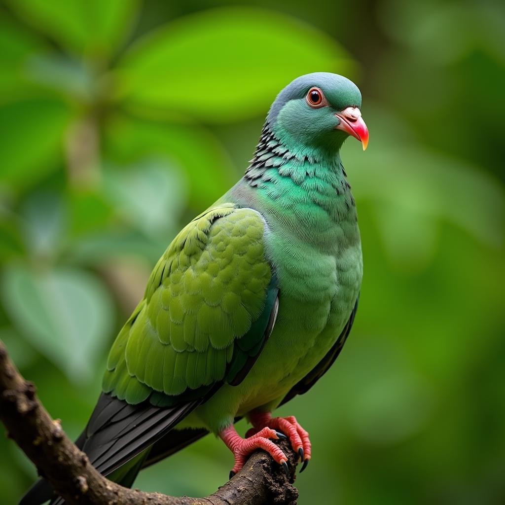 African green pigeon perched on a branch, showcasing its vibrant green plumage and red beak.