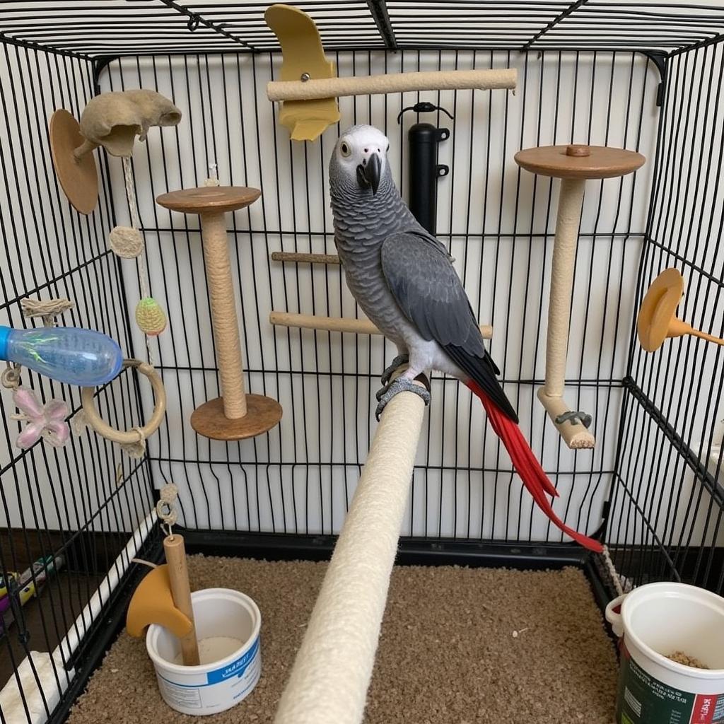 African Grey Cage Setup with Toys and Perches