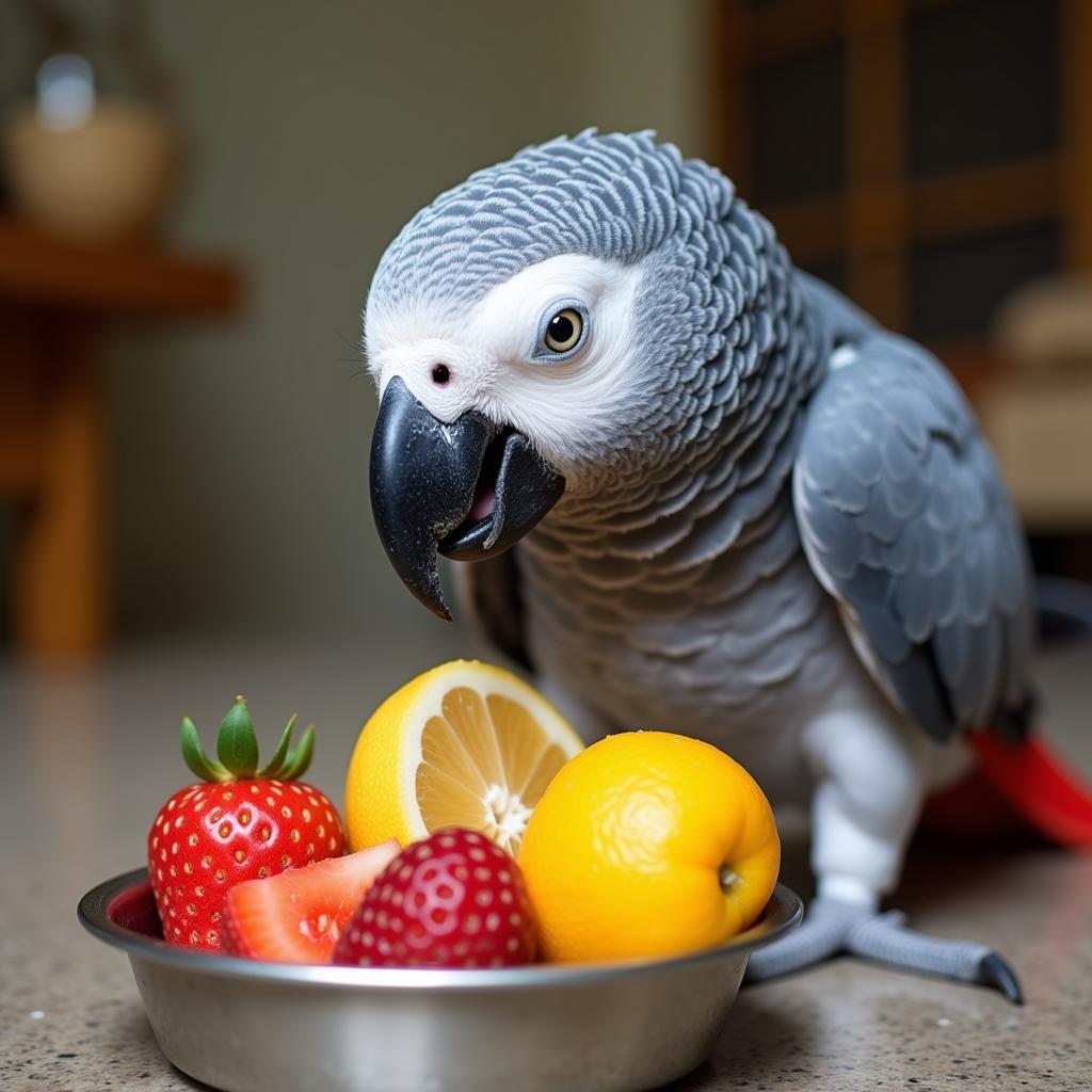 African Grey Parrot Eating and Drinking