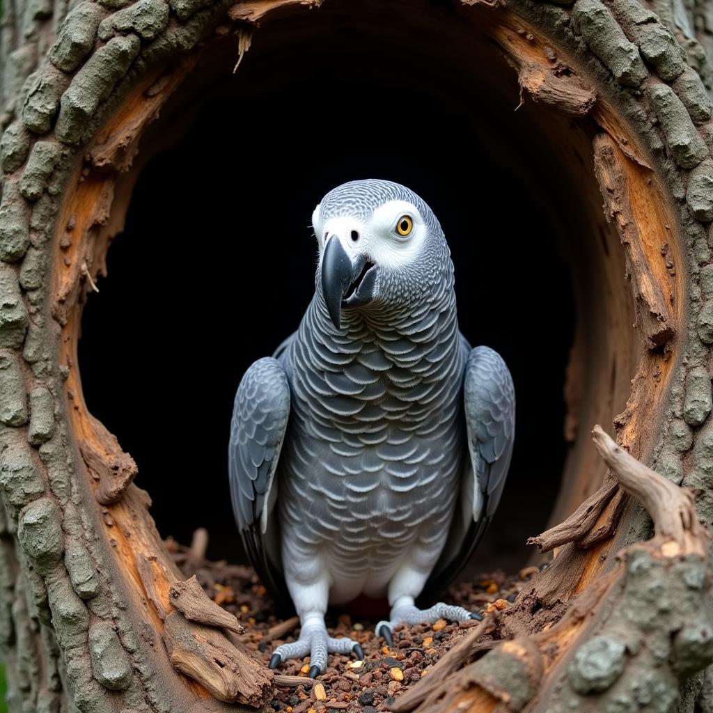 African Grey in Natural Nesting Cavity