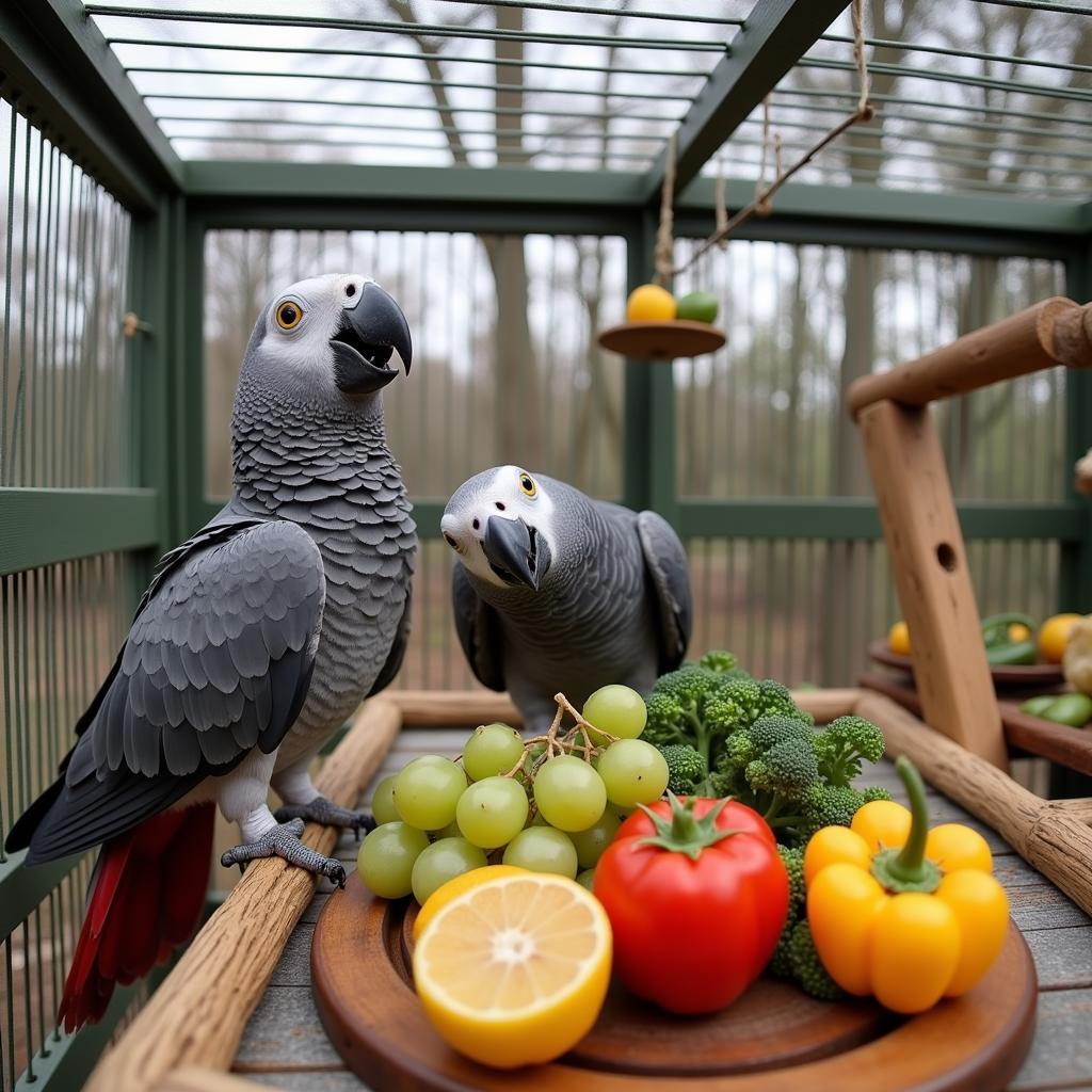 Two African Greys enjoying a meal of fresh fruits and vegetables in their cage.