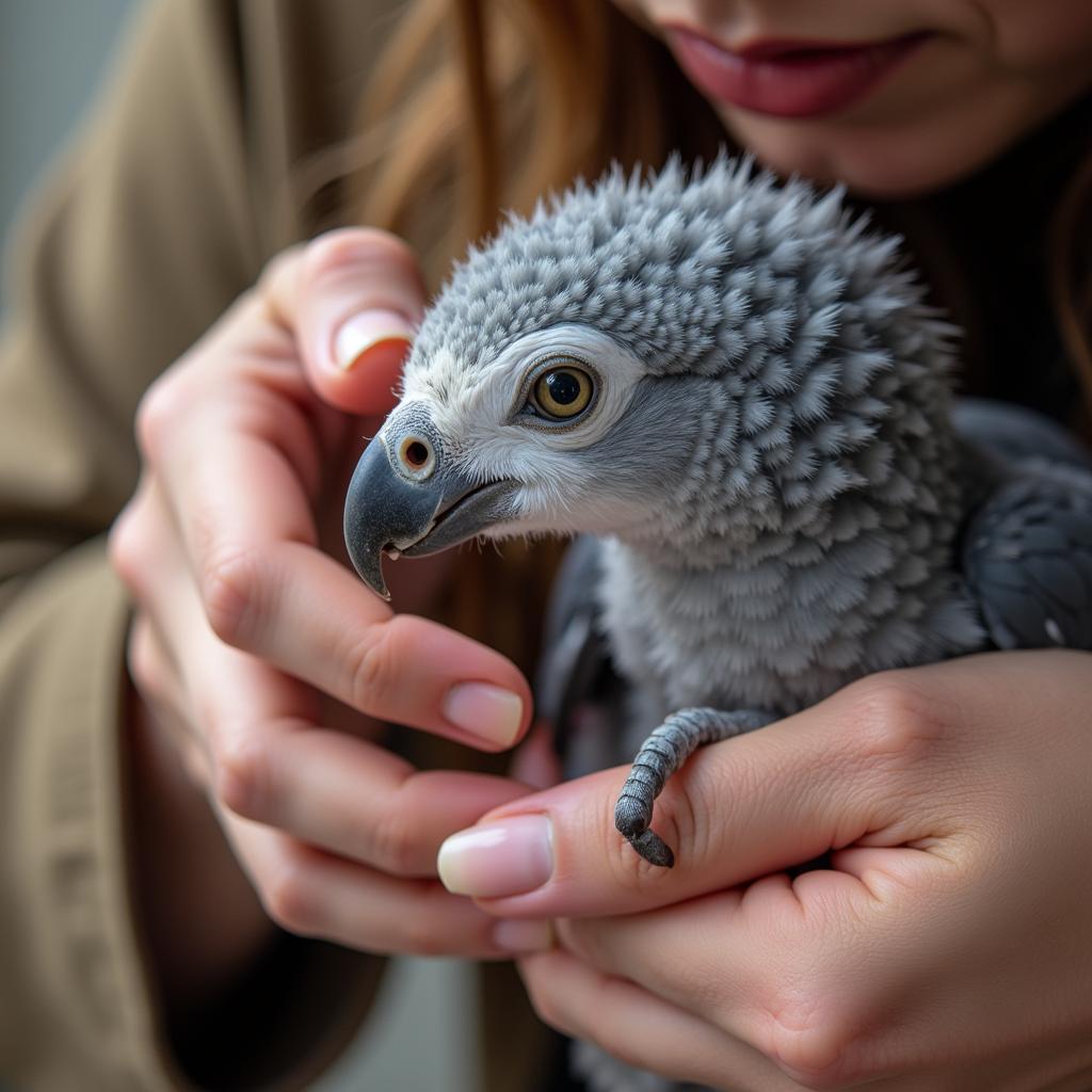 African Grey Parrot Breeder in the UK Checking the Health of a Chick