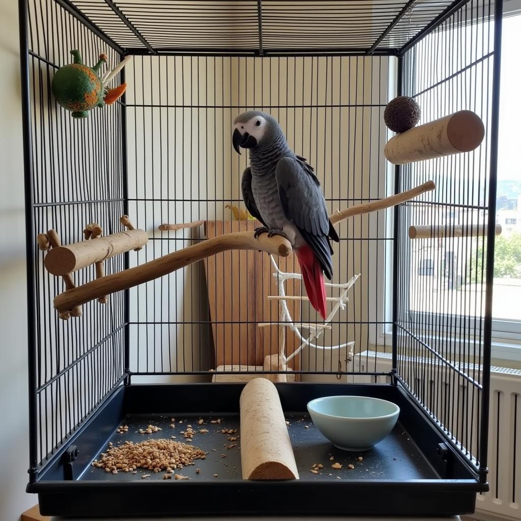 Spacious Cage Setup for an African Grey Parrot