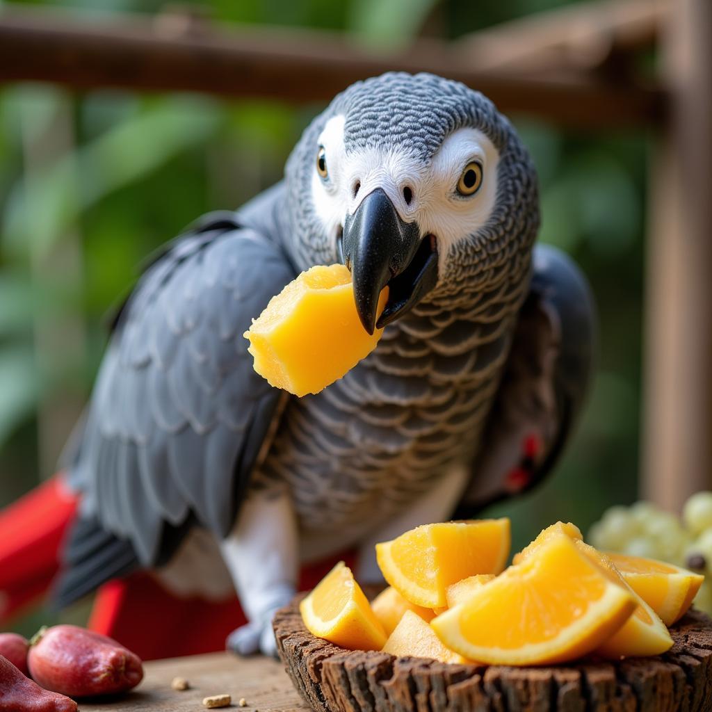 African Grey Parrot Eating Fruit