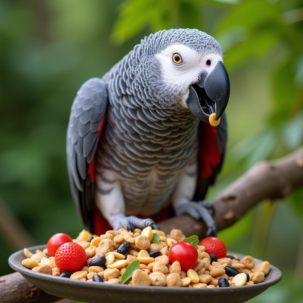 African Grey Parrot enjoying a healthy food mix