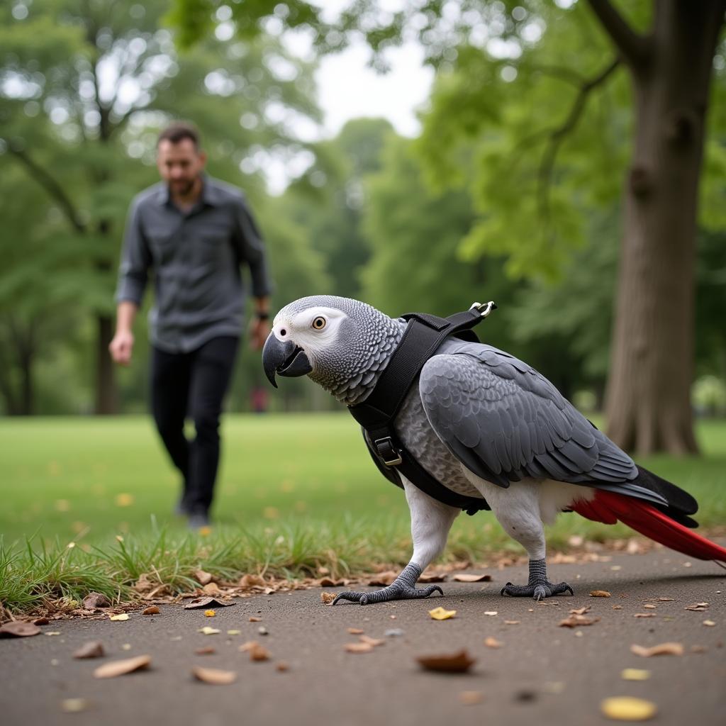 African Grey Parrot Harness Adventure