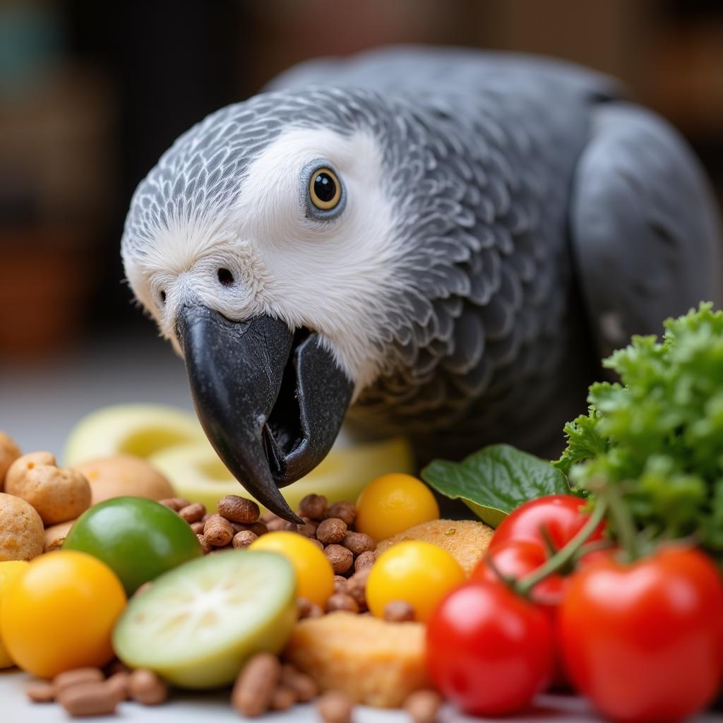 African Grey Parrot Eating a Healthy Diet