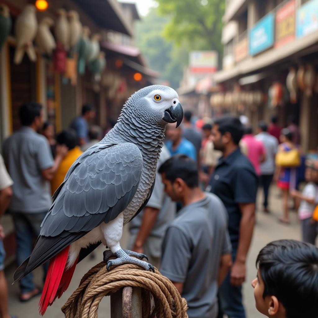 African Grey Parrot at a bird market in Hyderabad