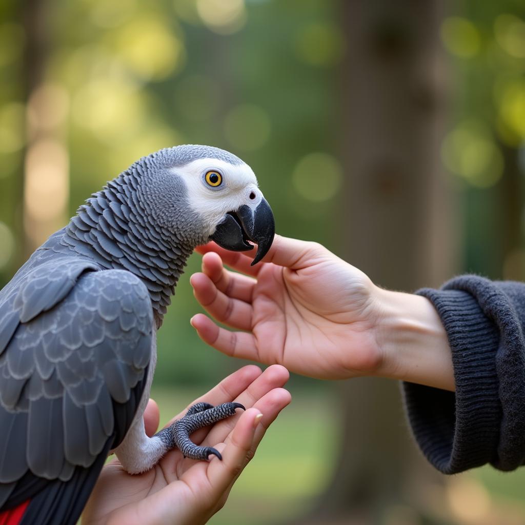 African Grey Parrot Interacting with its Owner