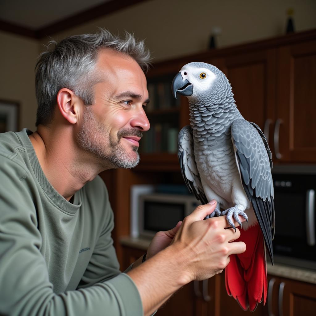 African Grey parrot interacting with its owner.