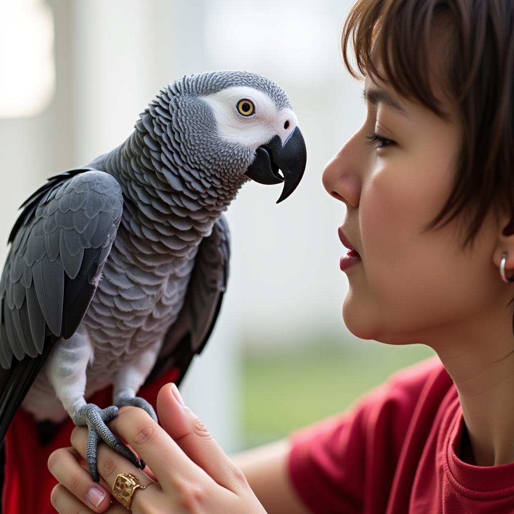 African Grey Parrot Learning to Talk with Owner