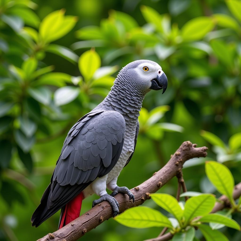 African Grey Parrot Perched on a Branch