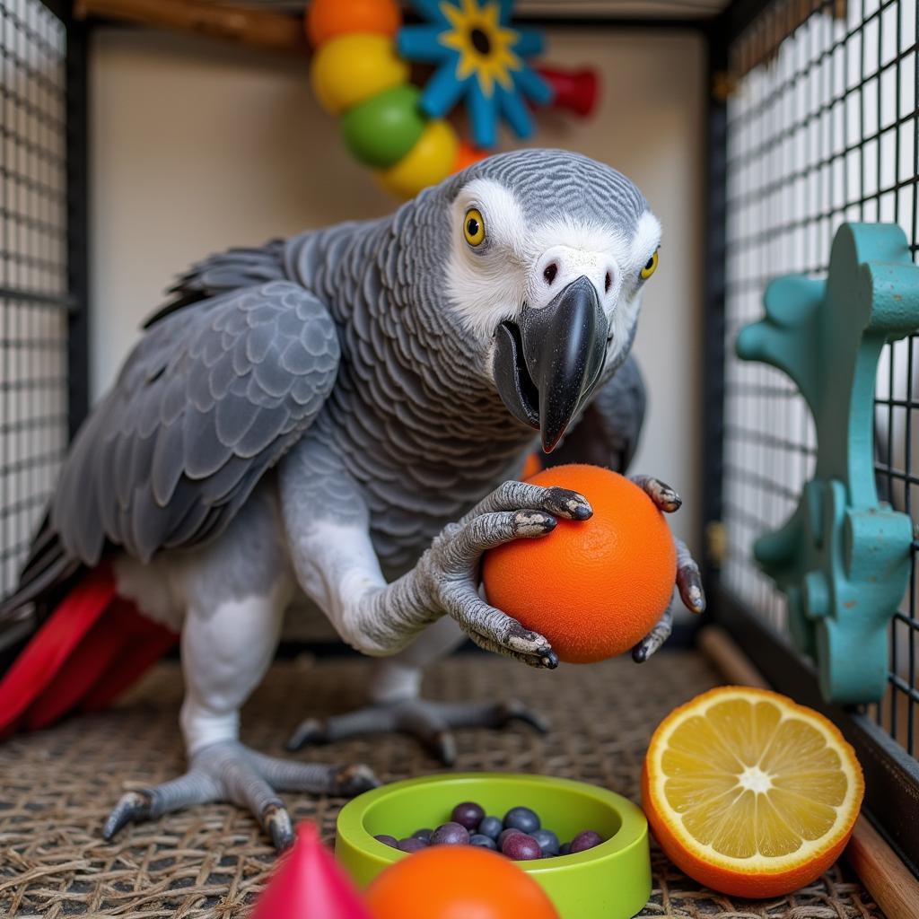 African Grey Parrot Playing with Toys