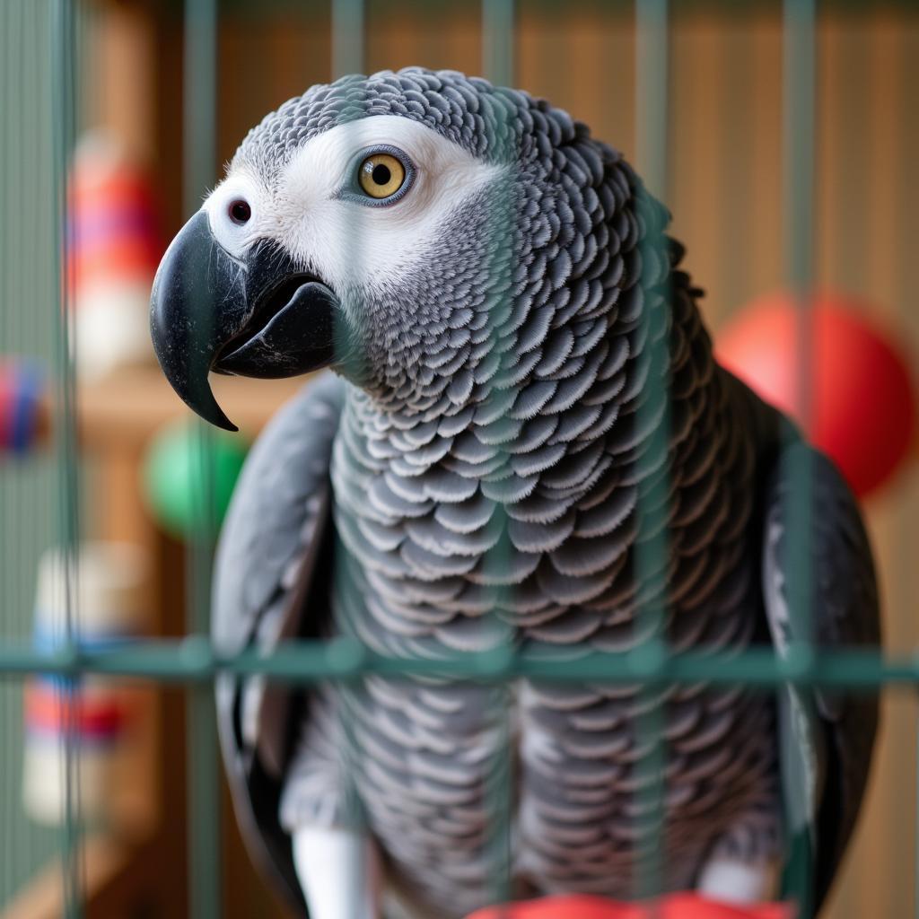 African Grey Parrot Playing with Toys