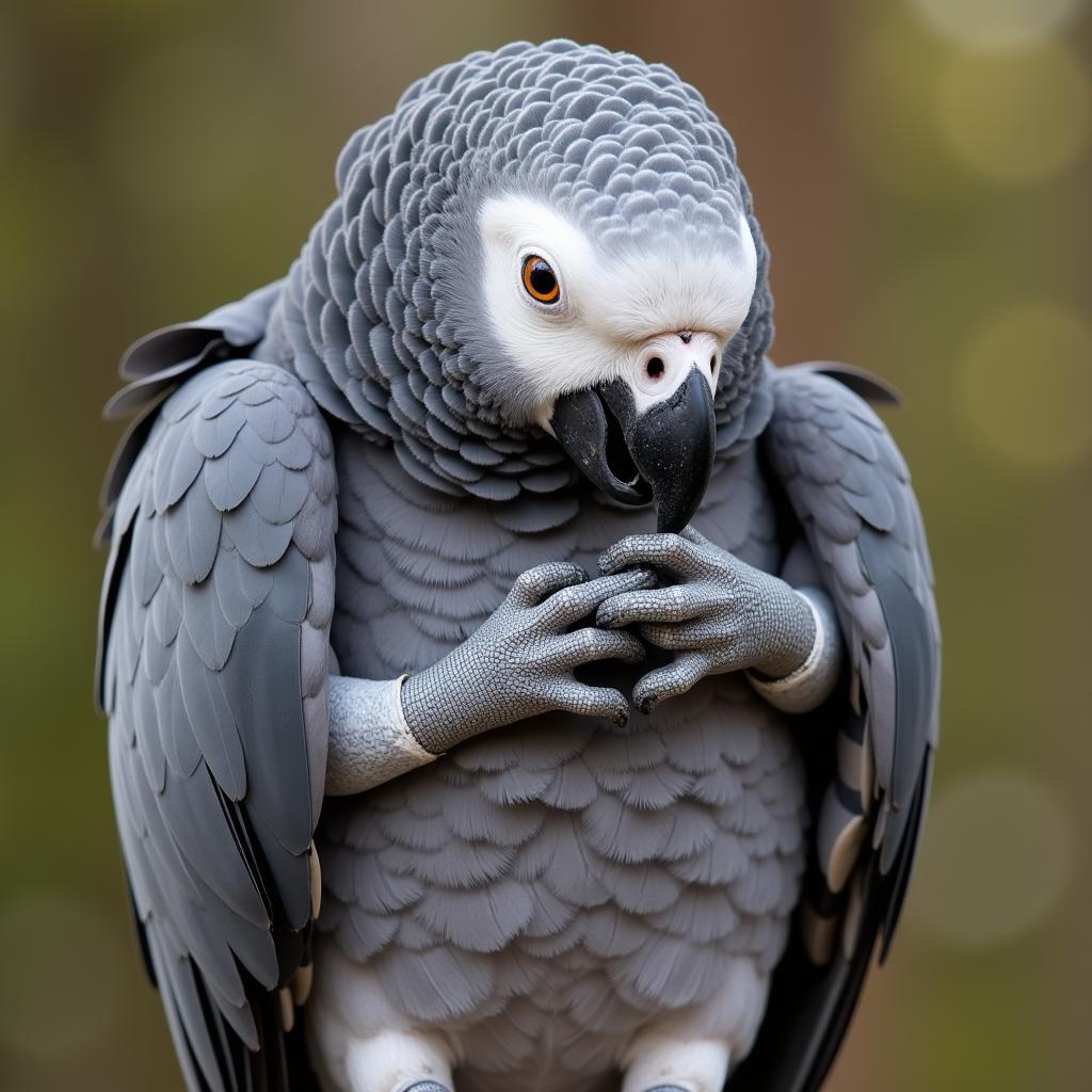 African Grey Parrot Preening its Feathers