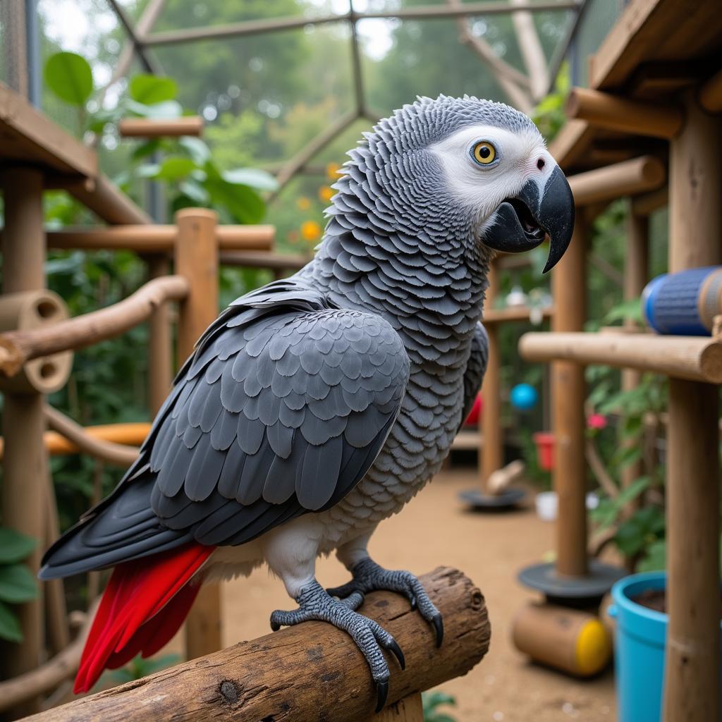 African Grey Parrot in an Aviary