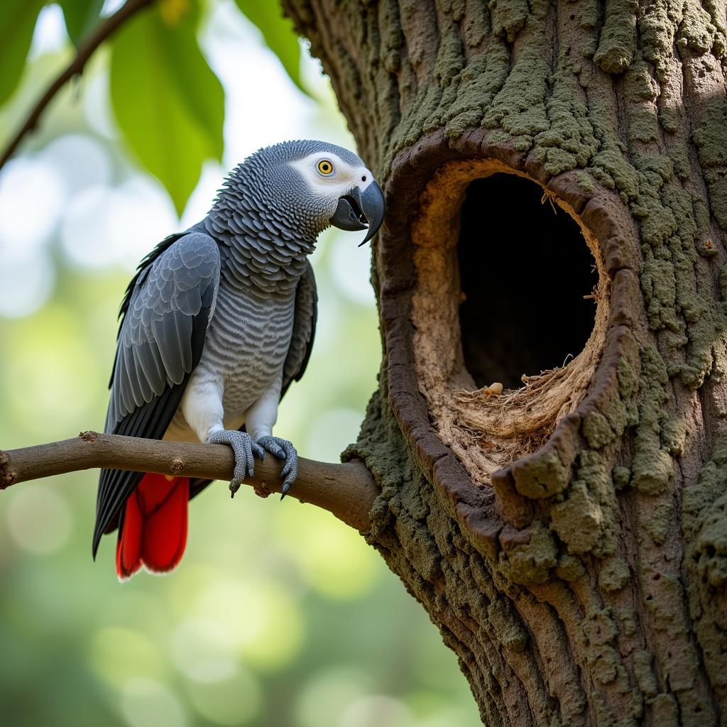 African Grey Parrot Selecting Nest Site