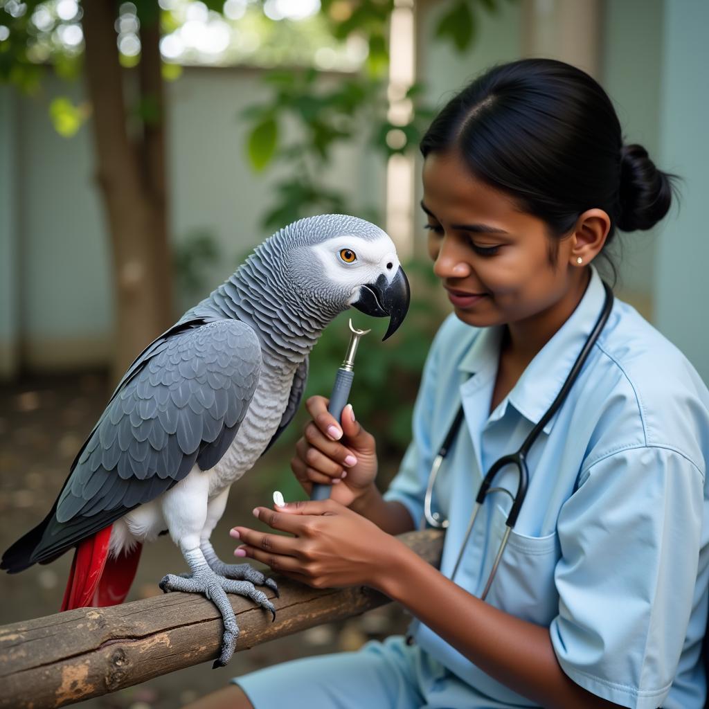 Veterinary health check for an African Grey parrot in Tamil Nadu