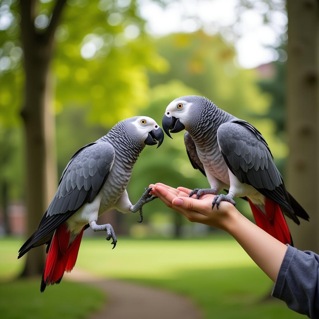 African Grey Parrot Interacting with its Owner in a London Park