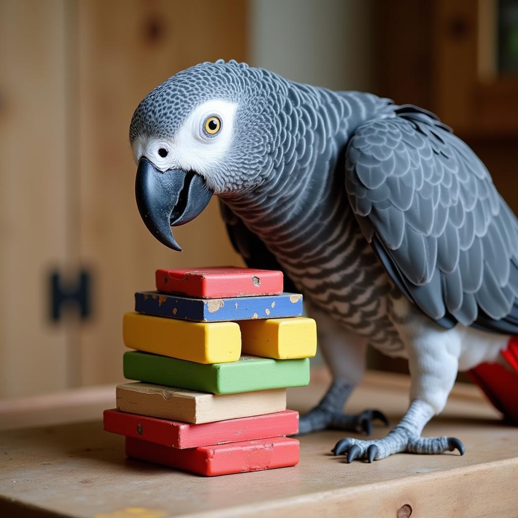 African Grey Solving a Puzzle: A grey parrot manipulating objects to solve a complex puzzle, demonstrating problem-solving skills.