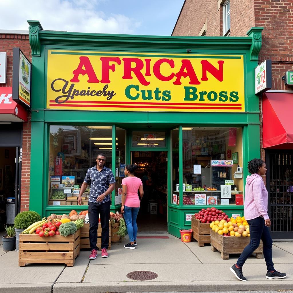 Exterior of a bustling African grocery store in Brampton