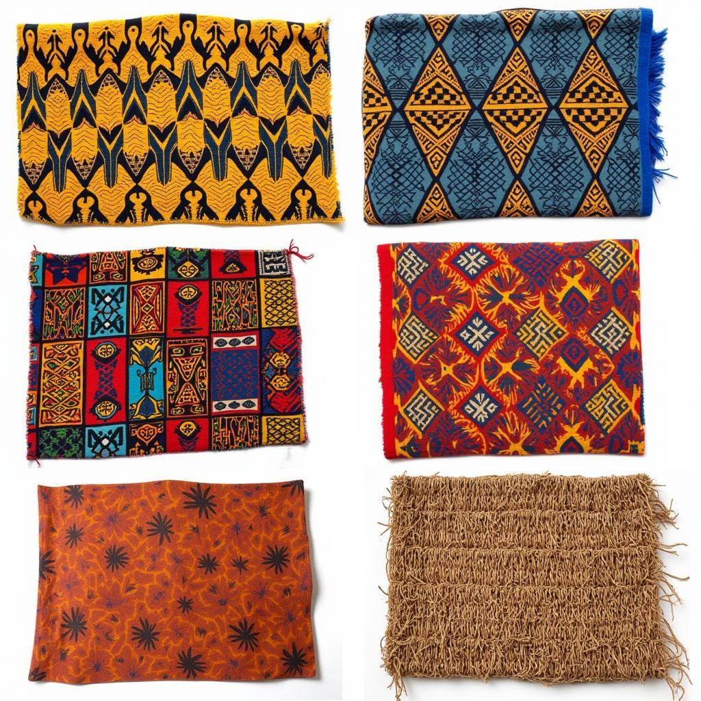 A collage showcasing the diversity of African ground textiles, including kente cloth, mud cloth, and Kuba raffia.