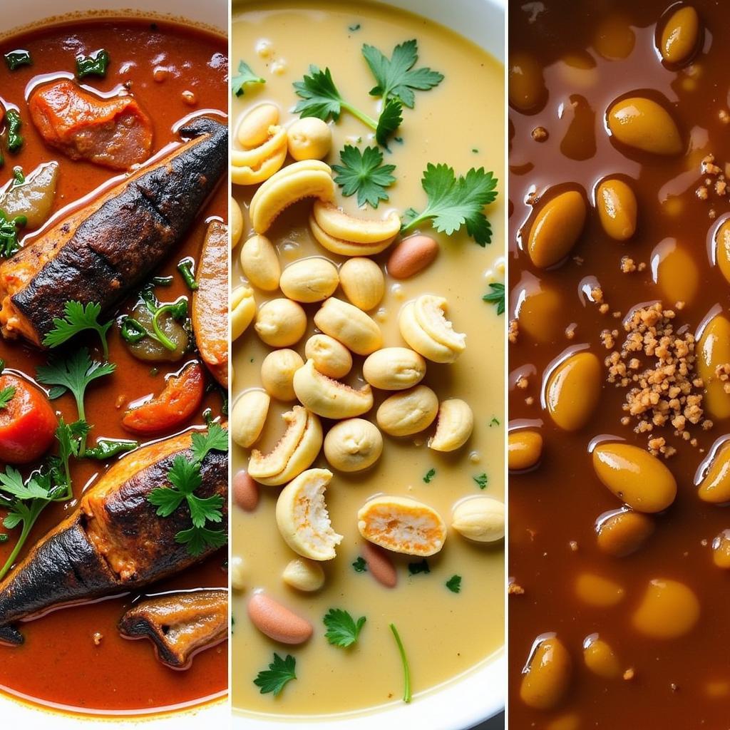 Three bowls of African gumbo highlighting regional variations in ingredients and presentation.