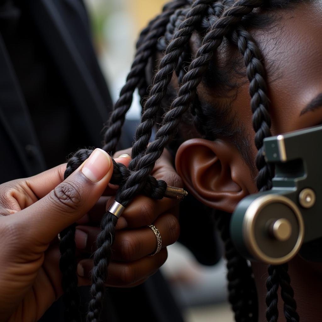 Close-up of an African Hair Braiding Machine in Action