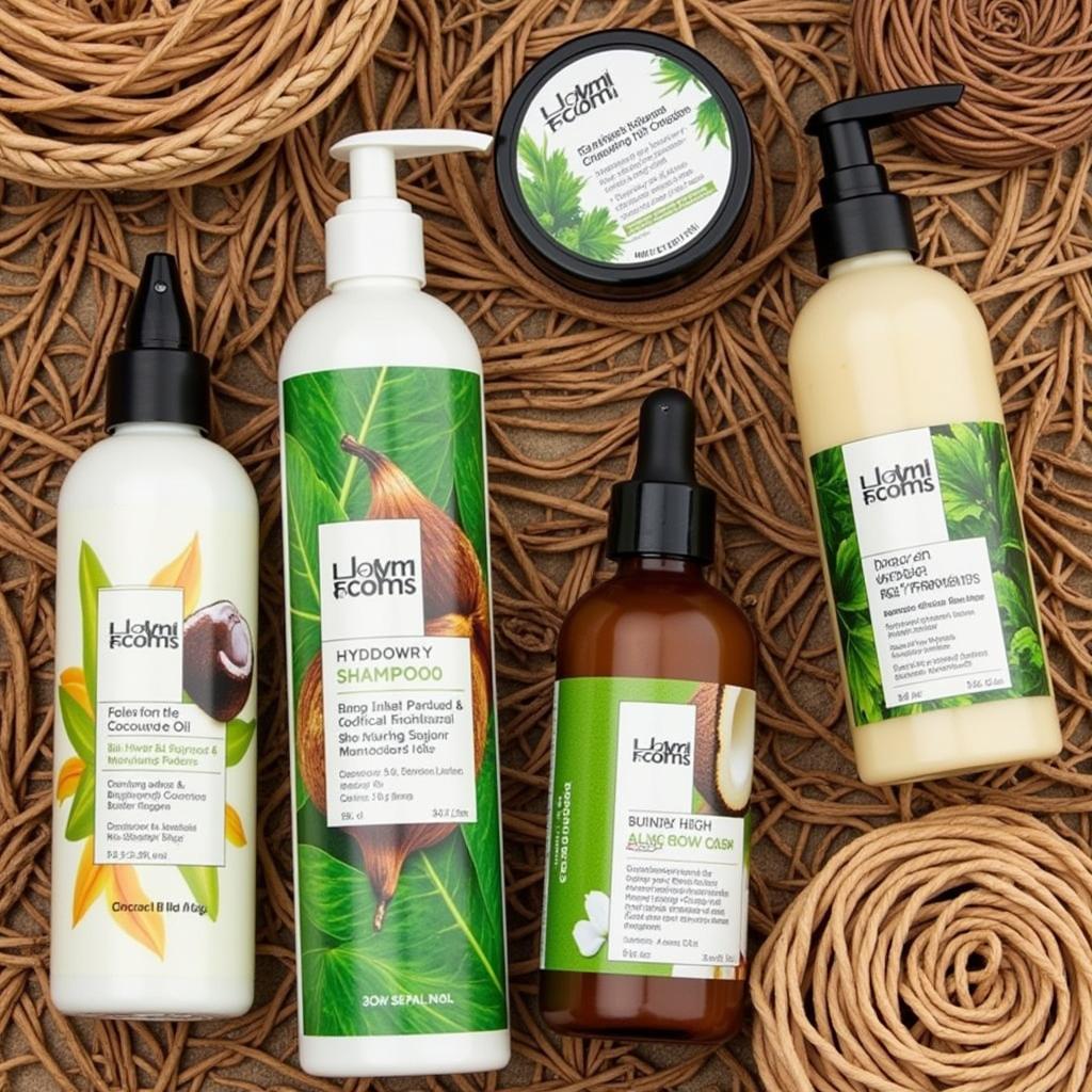 Displaying various hair care products with natural ingredients specifically designed for African hair.