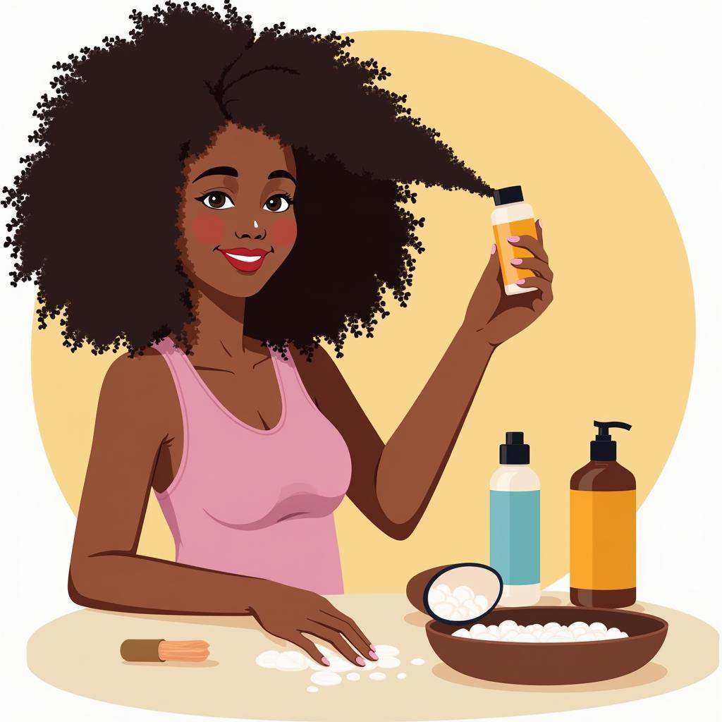 A woman applying hair products to her natural hair.