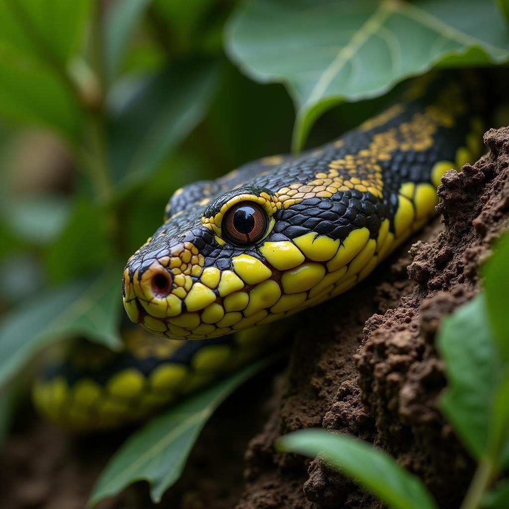 African Hairy Bush Viper Camouflaged in Foliage