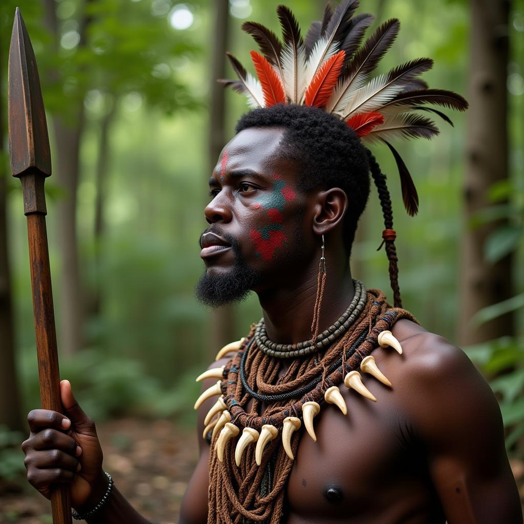 African warrior in ceremonial dress, potentially related to headhunting rituals