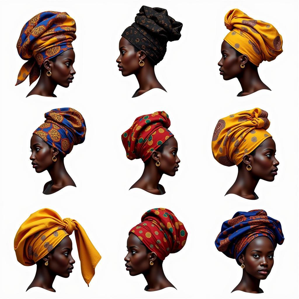 A collection of diverse African headwear styles, showcasing intricate wrapping techniques and vibrant fabrics.