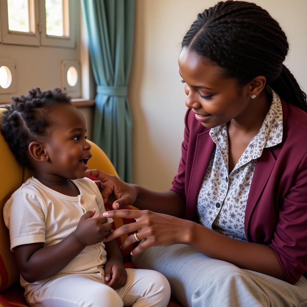 African Healthcare Worker Educating Mother on Breastfeeding