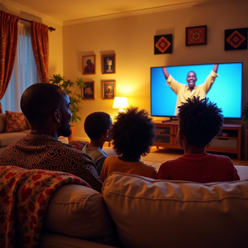 A family gathered around a television, laughing hysterically at a comedy skit.