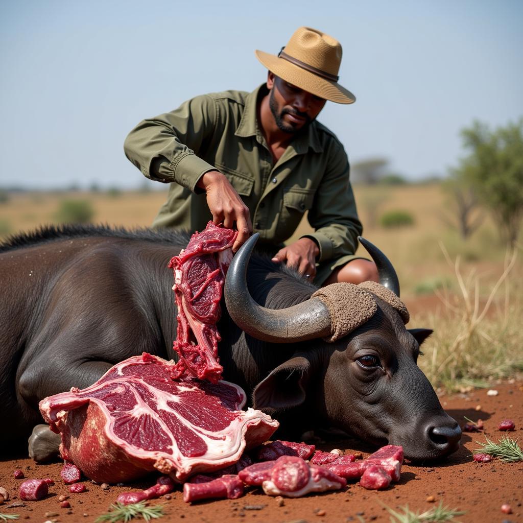 African Hunter Preparing Buffalo Meat