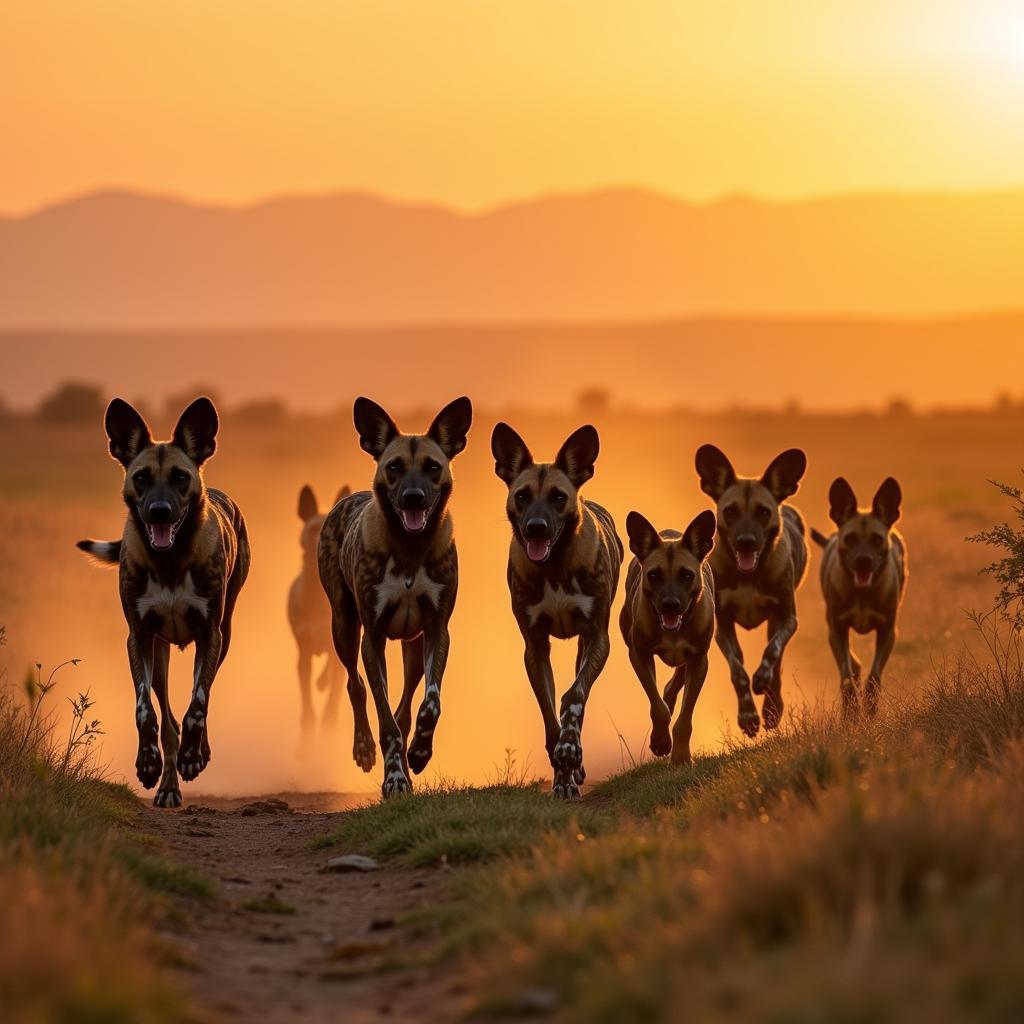 African Hunting Dog Pack in Savanna Landscape