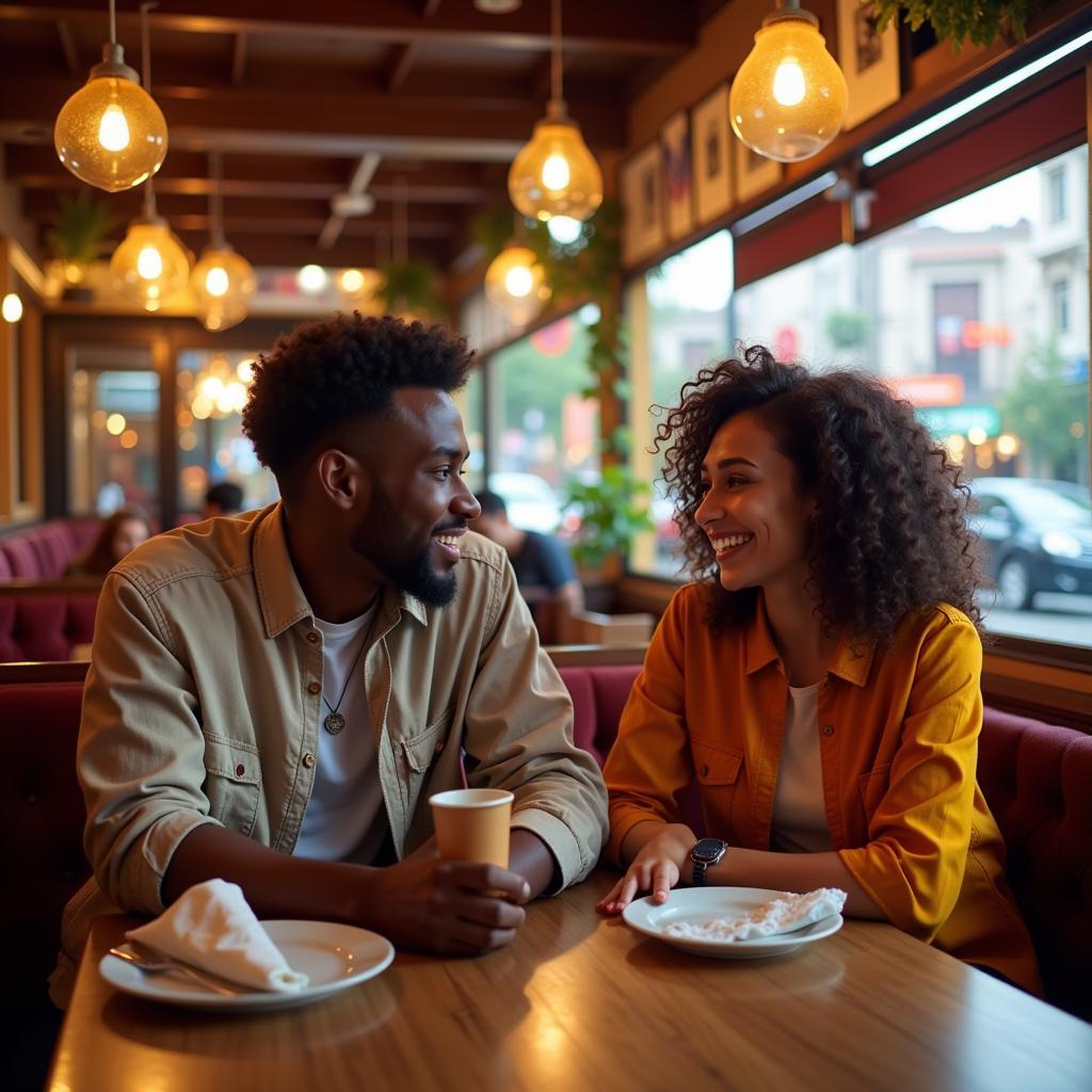 An African and Indian couple enjoying a date in a Delhi restaurant