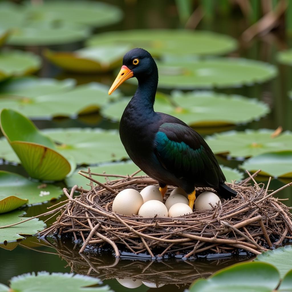 Male African jacana incubating eggs.