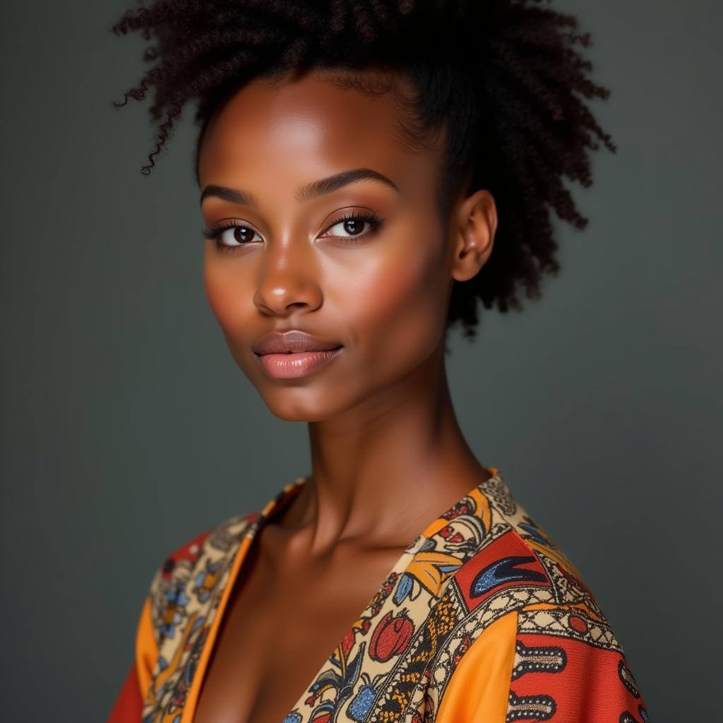 A young woman with features reflecting both African and Japanese heritage, confidently looking at the camera