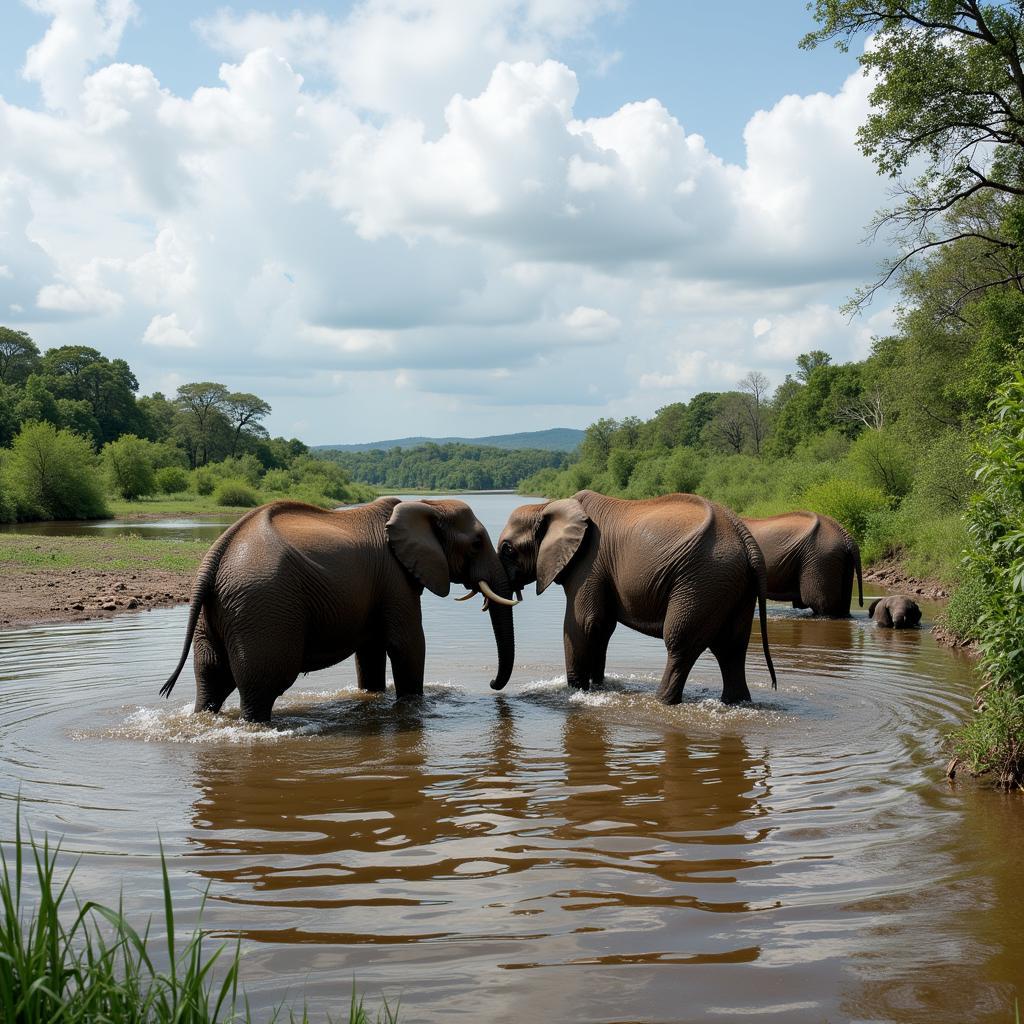 African Jungle Elephant Herd at River