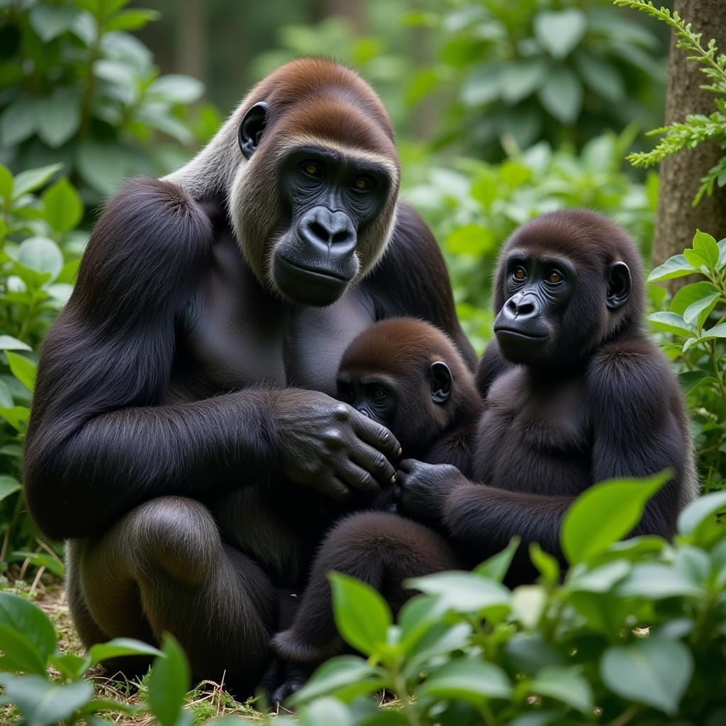 African Jungle Gorilla Family in Natural Habitat