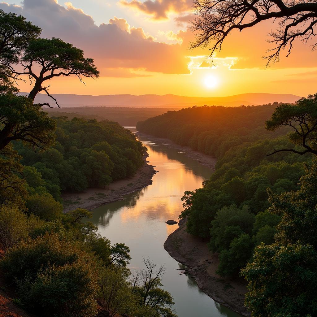 Sunset over a river flowing through the African jungle, highlighting the serene beauty