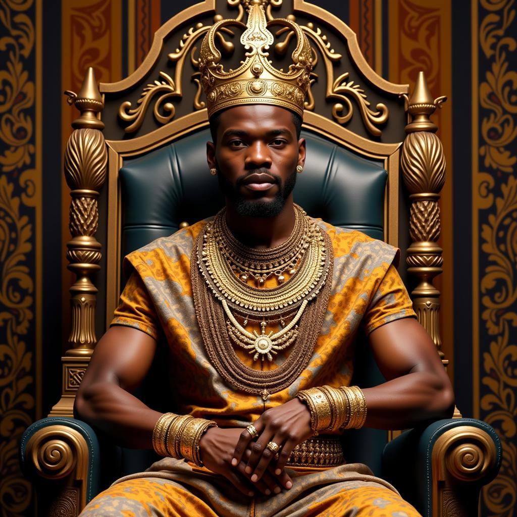 African King adorned with a Gold Crown and Jewelry