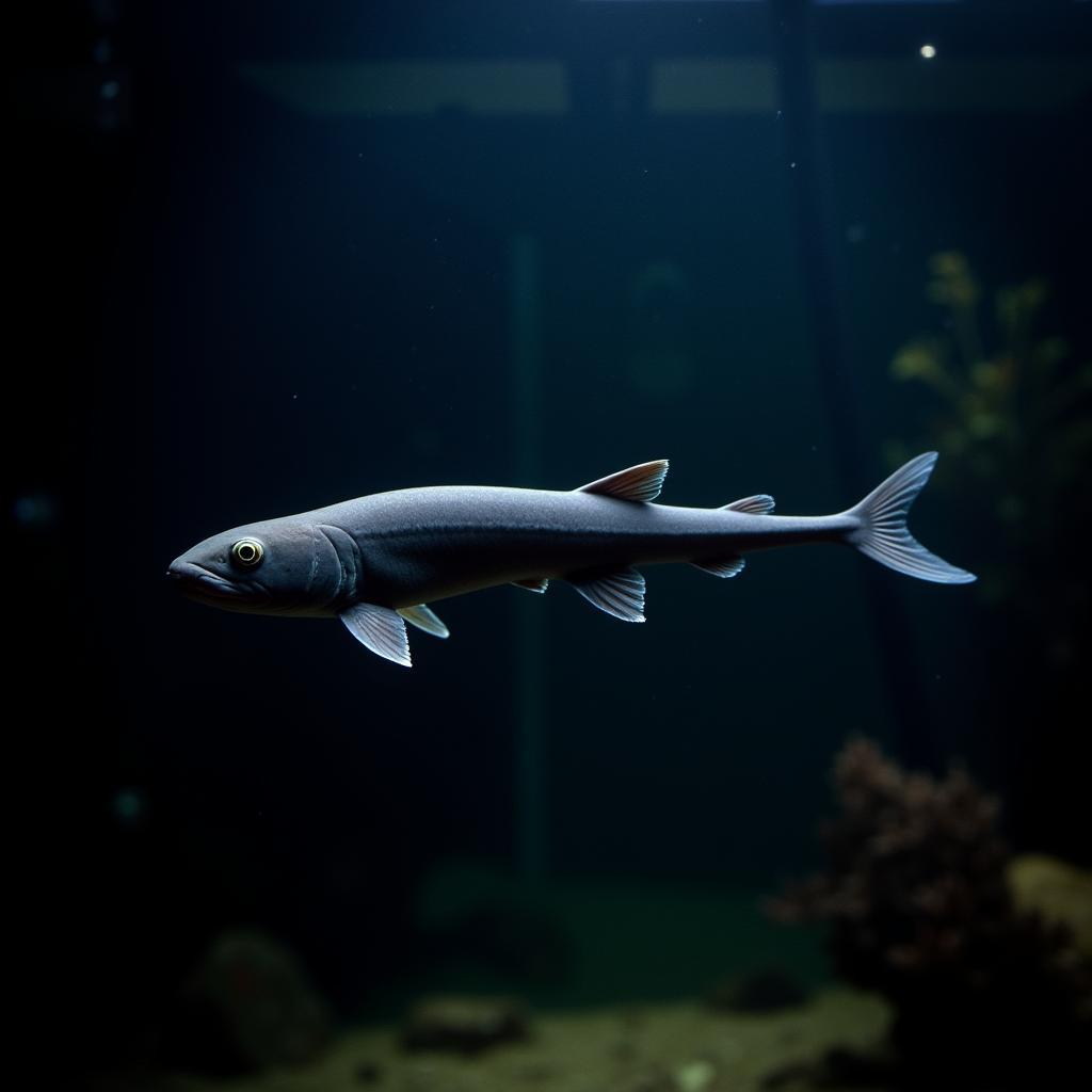 African Knifefish Black Swimming in a Dark Aquarium