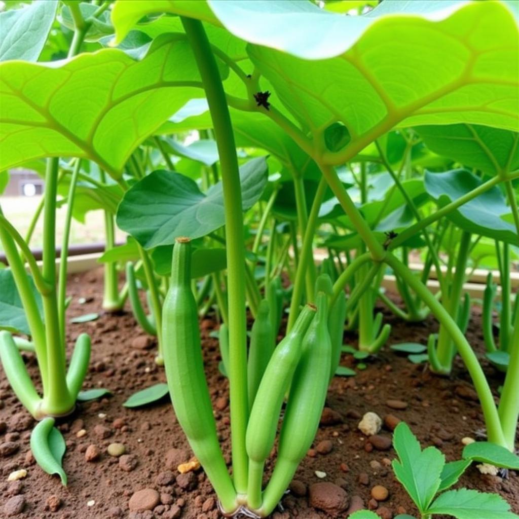 African Ladies Finger Okra Plant in a Garden