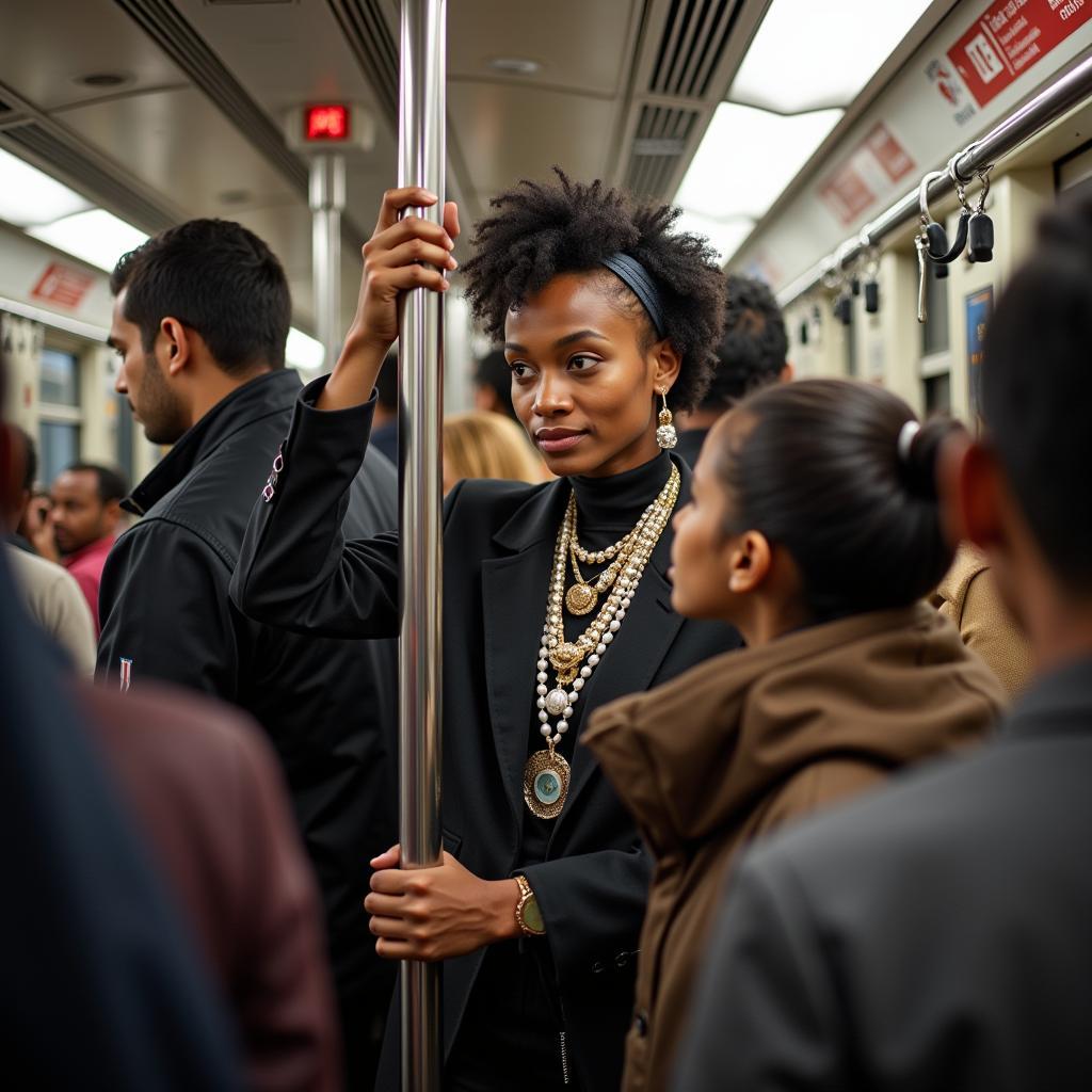 An African woman commutes on the Delhi Metro, surrounded by other passengers.