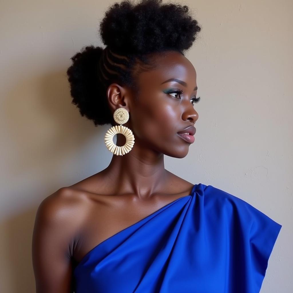 African Woman in Blue Saree with African Jewelry