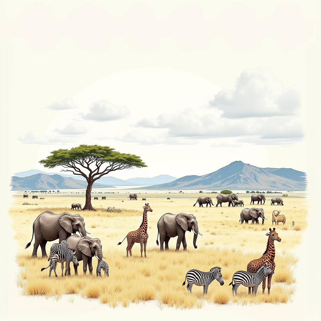 African Landscape with Animals Drawing