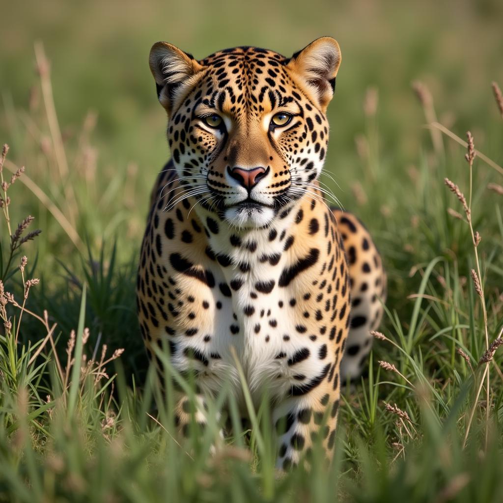 African Leopard Camouflaged in Grass